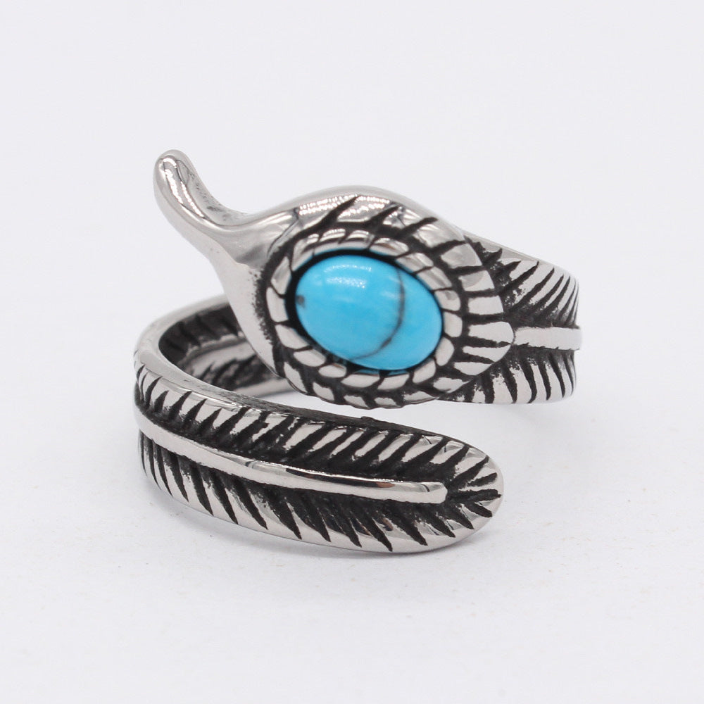 Vintage Turquoise Feather Men's Titanium Steel Ring - Wholesale European and American Foreign Trade Jewelry