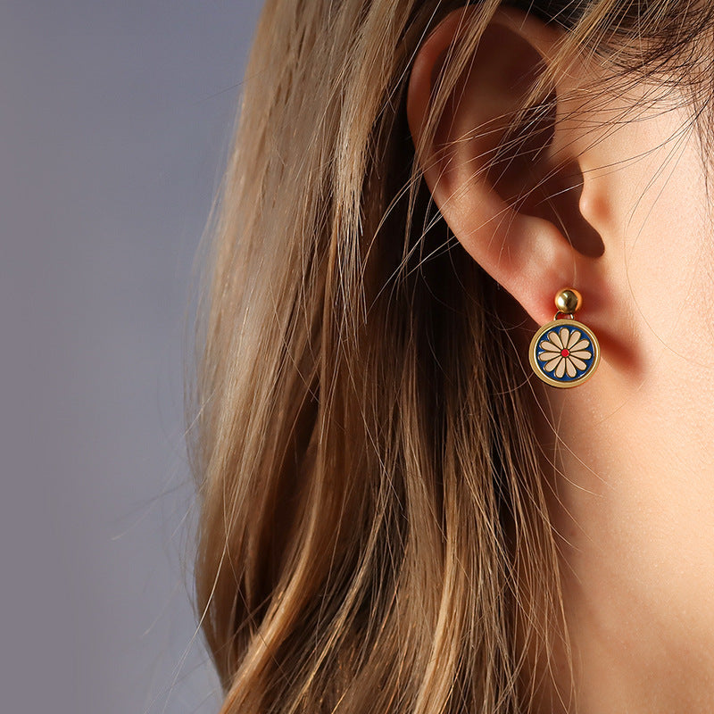 Enamel Ink Blue Daisy Earrings with Titanium Steel Needles