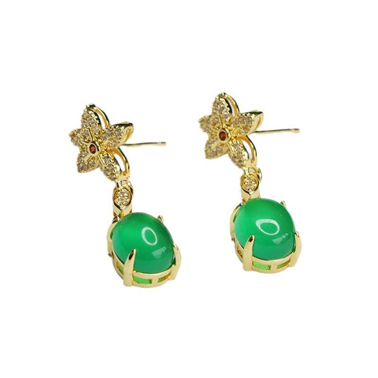 Golden Flower Earrings with Silver Hook featuring Green Chalcedony and Red Agate