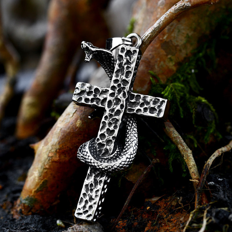 Vintage Nordic Titanium Steel Cross Snake Pendant for Men - Wholesale Stainless Steel Python Jewelry