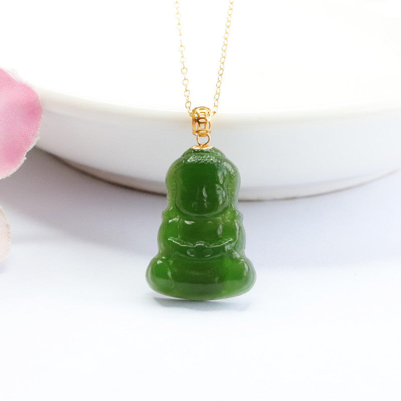 Buddha Baby Jasper Pendant Necklace with Sterling Silver and Hetian Jade