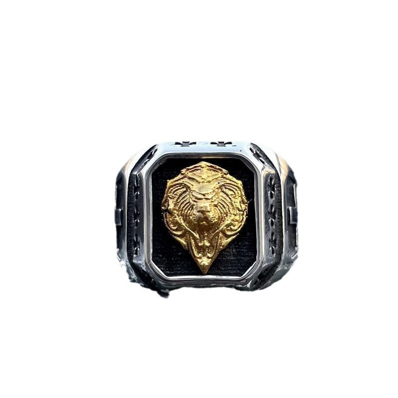 Gold-Plated Titanium Steel Lion Head Ring for Men - Jewelry for the Bold and Confident