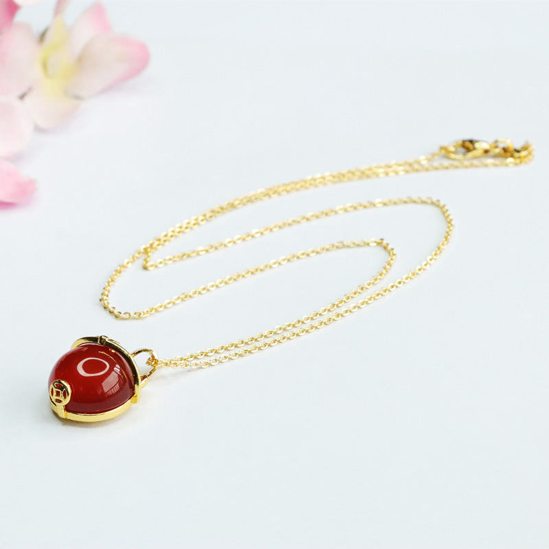 Round Bead Red Agate Wealth Cat Pendant Necklace Jewelry