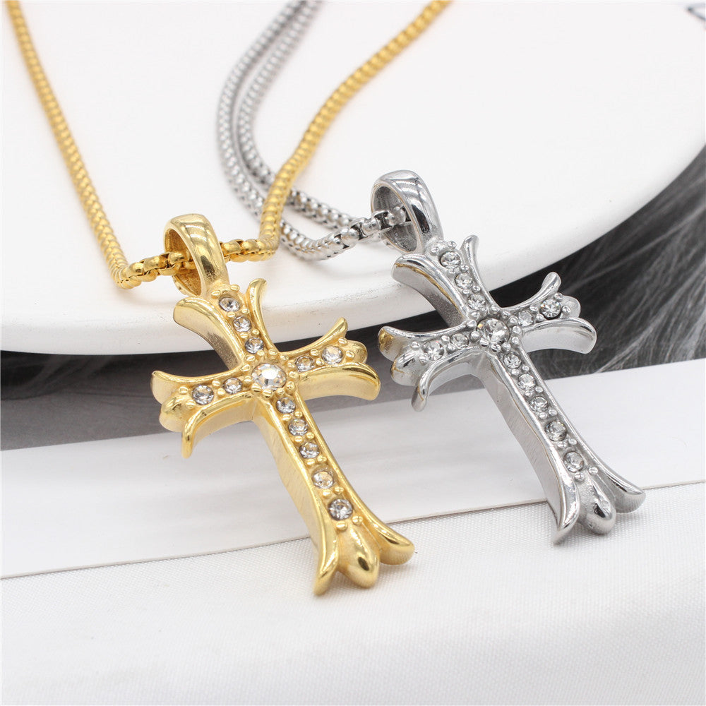 Zircon Latin Cross Flower Titanium Steel Pendant for Men