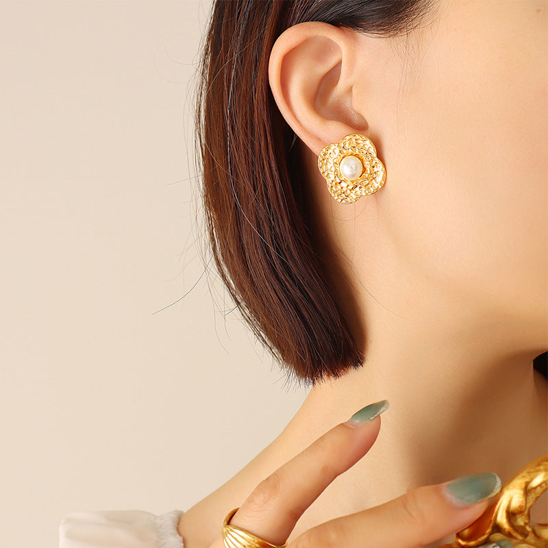 Elegant Gold-Plated Titanium Steel Earrings with Imitation Pearls