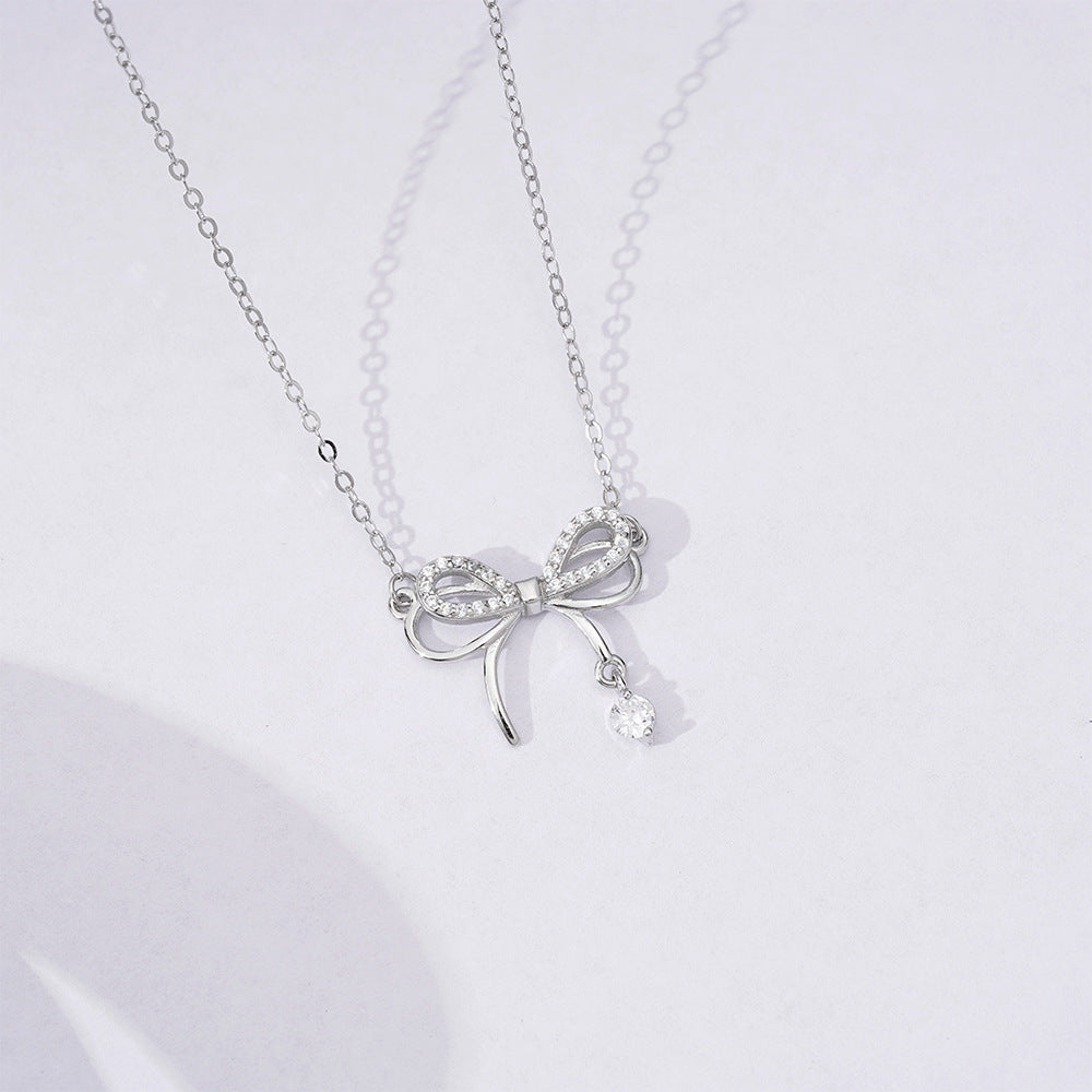 Sweet Bowknot Zircon Silver Necklace