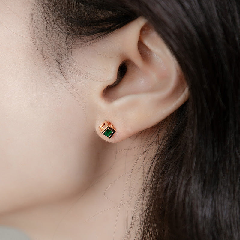 Green Zircon Hollow Cube Sterling Silver Stud Earrings