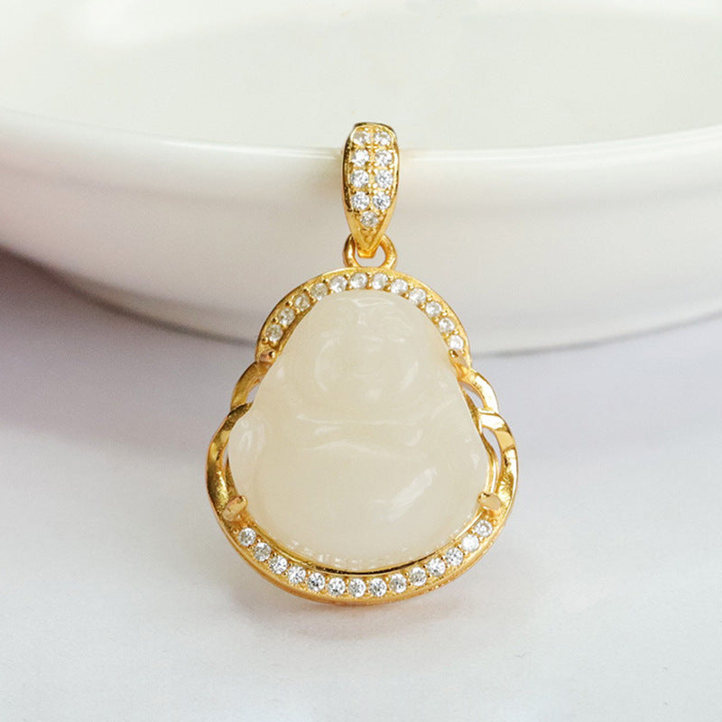 White Jade Buddha Necklace with Zircon in Sterling Silver