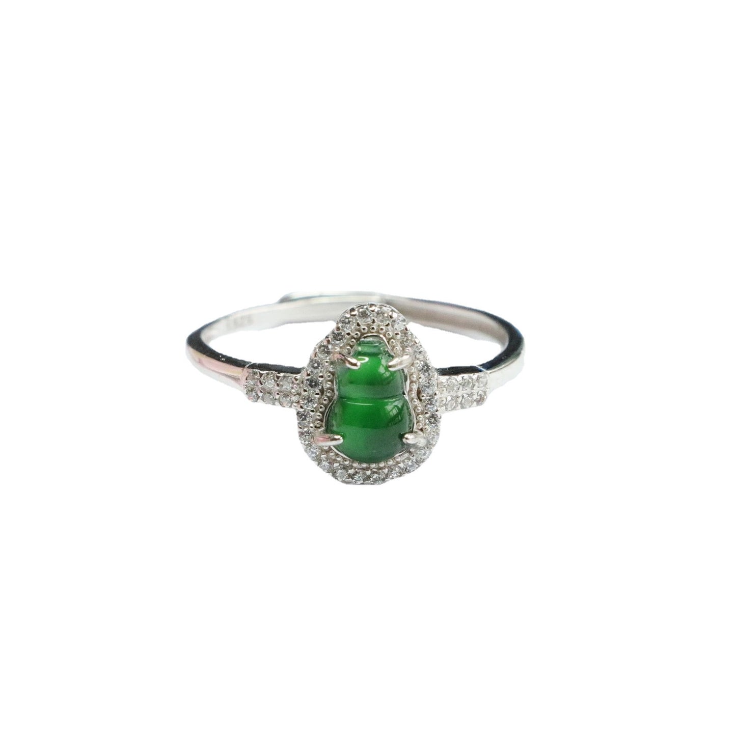 Sterling Silver Adjustable Imperial Green Jade Gourd Ring with Zircon Halo