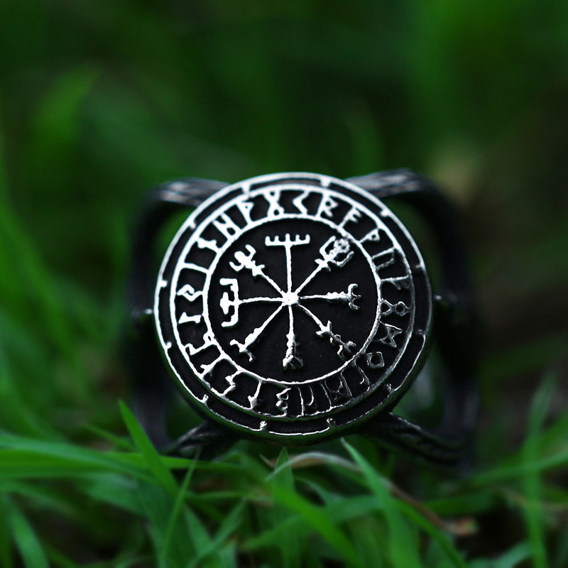 Viking Compass Open Ring in Titanium Steel - Retro Crow Hand Jewelry for Men