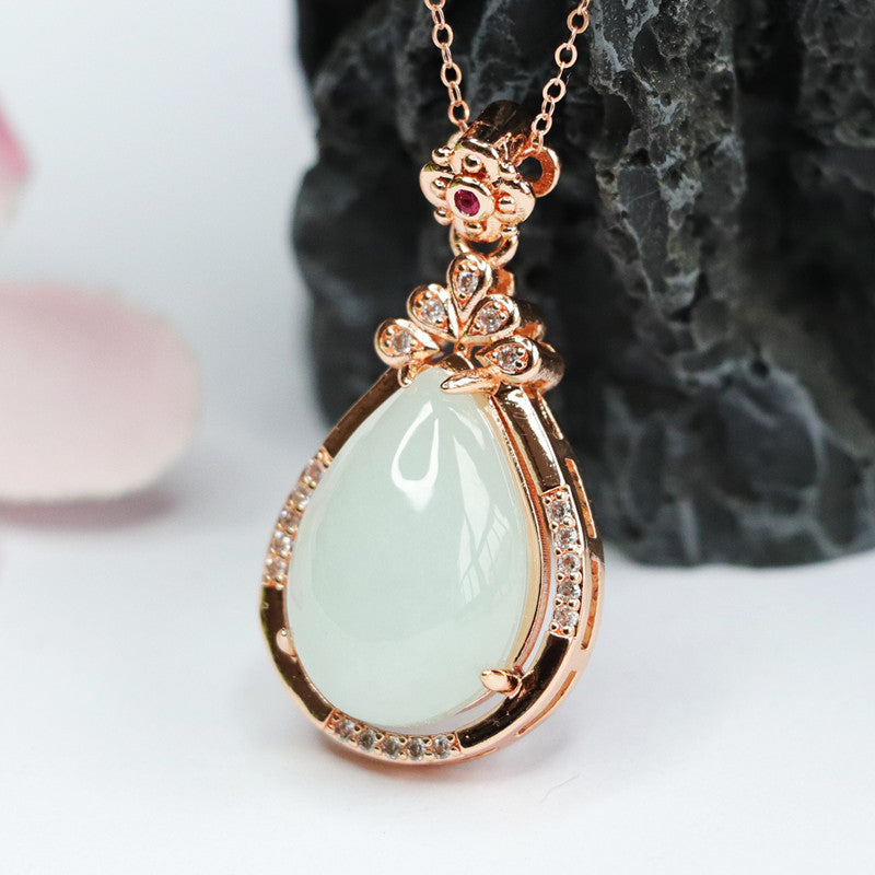 Jade Water Drop Pendant Necklace with Rose Gold Finish