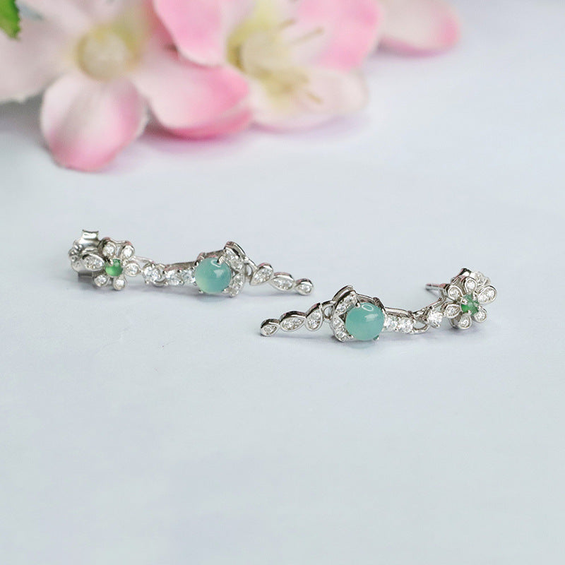 Elegant S925 Sterling Silver Ice Blue Jade Flower Tassel Earrings