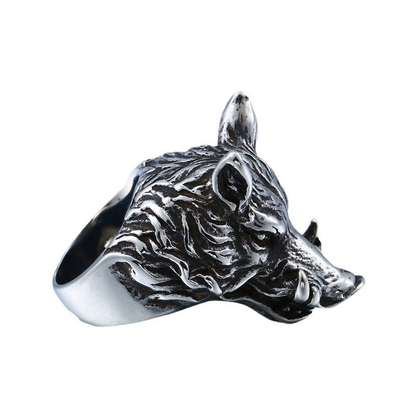 Titanium Steel Men's Ring - Bold Berserk Wild Boar Design, Customizable Stainless Steel Jewelry in Sizes 8-13