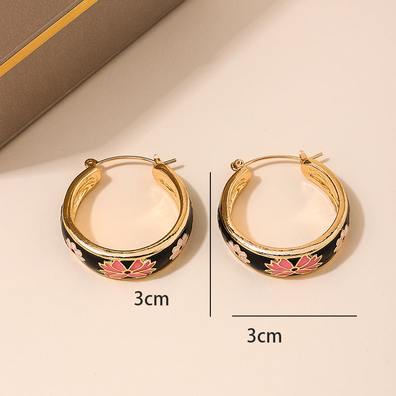 Exquisite Retro Flower Circle Earrings with Micro-Inlaid Color Details