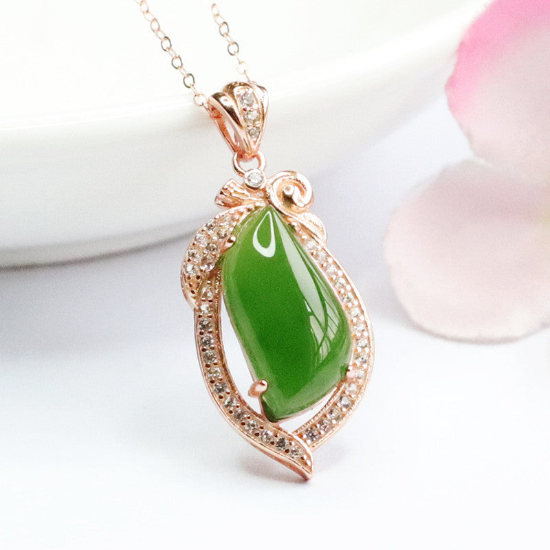 Droplet Spinach Green and Zircon Sterling Silver Necklace with Natural Hetian Jade