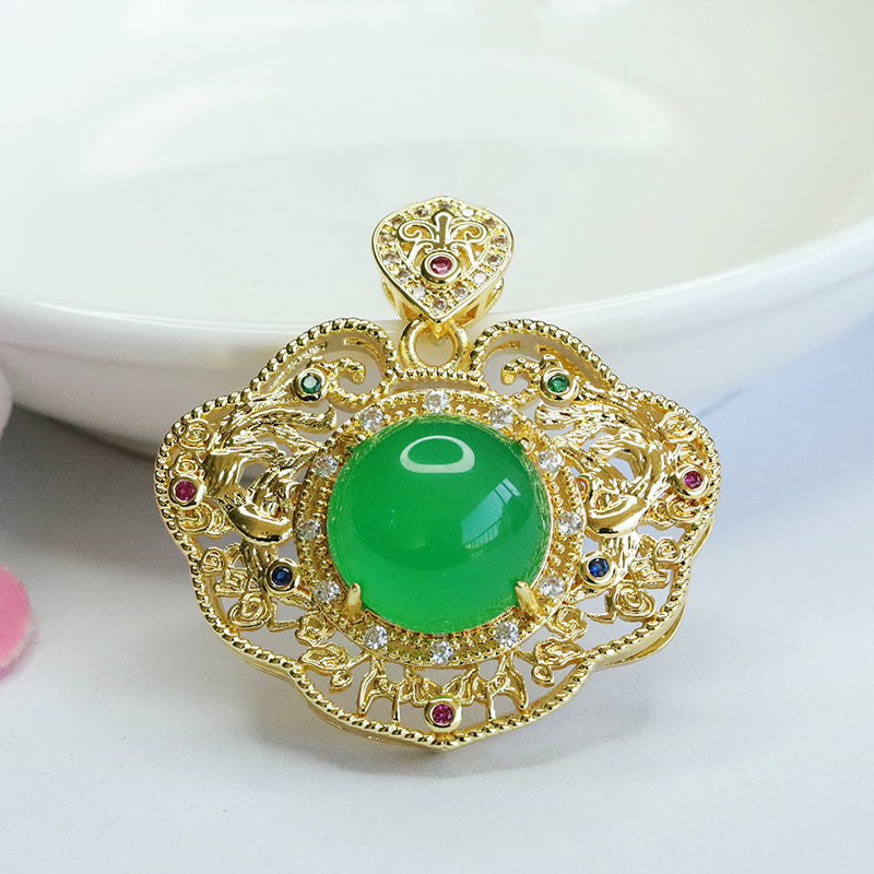 Natural Round Green Chalcedony Hollow Zircon Ruyi Pendant