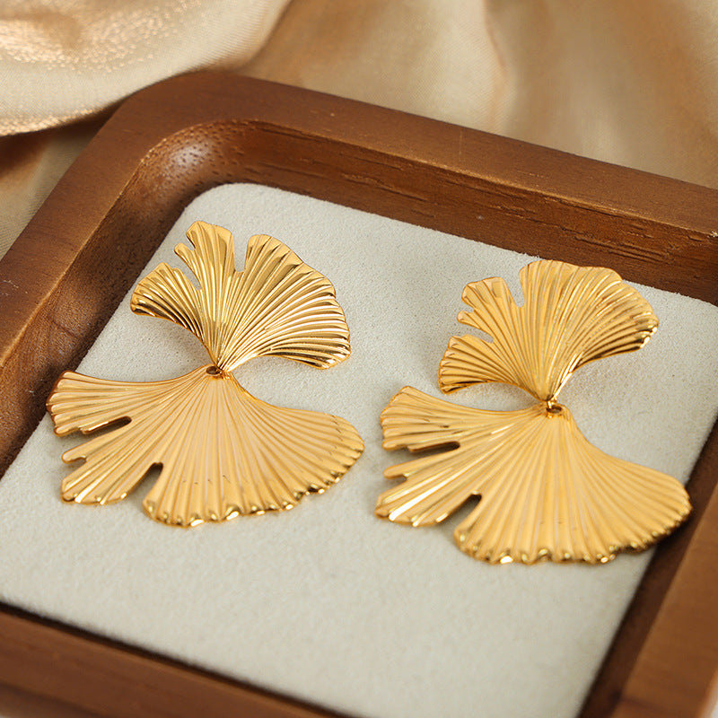 Titanium Steel Gold-Plated Ginkgo Biloba Earrings for Women