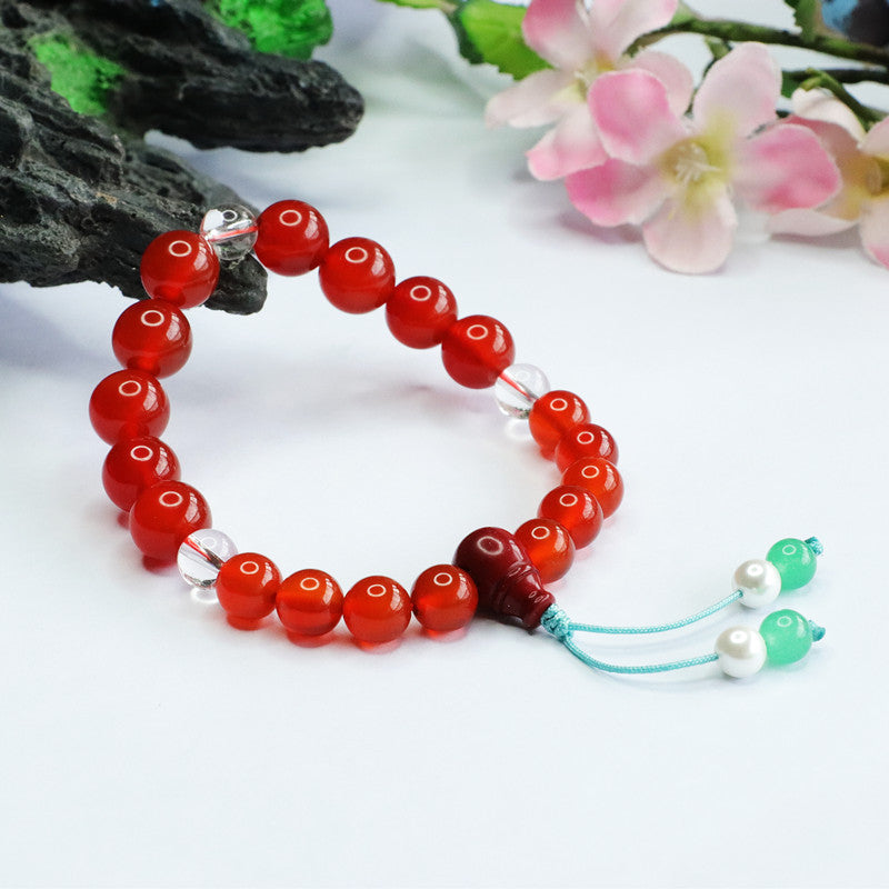 Red Agate and White Crystal National Style Bracelet with Eighteen Seeds