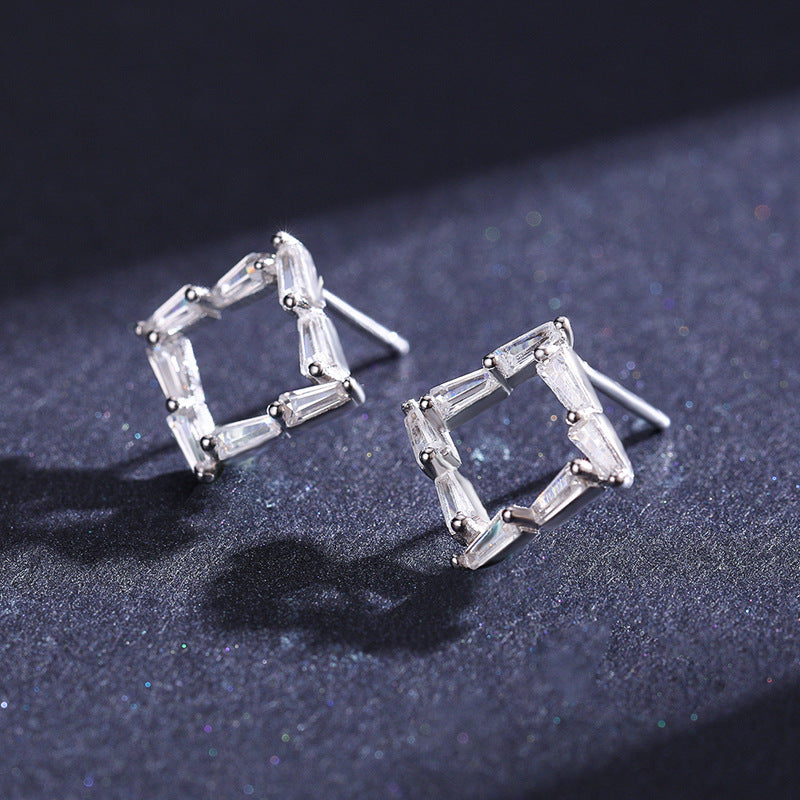 Versatile Fashion Sterling Silver Square Stud Earrings with Zircon for Women