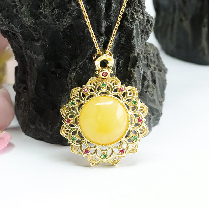 Sunflower Amber Pendant Necklace with Beeswax Hollow Sunburst Gold Charm