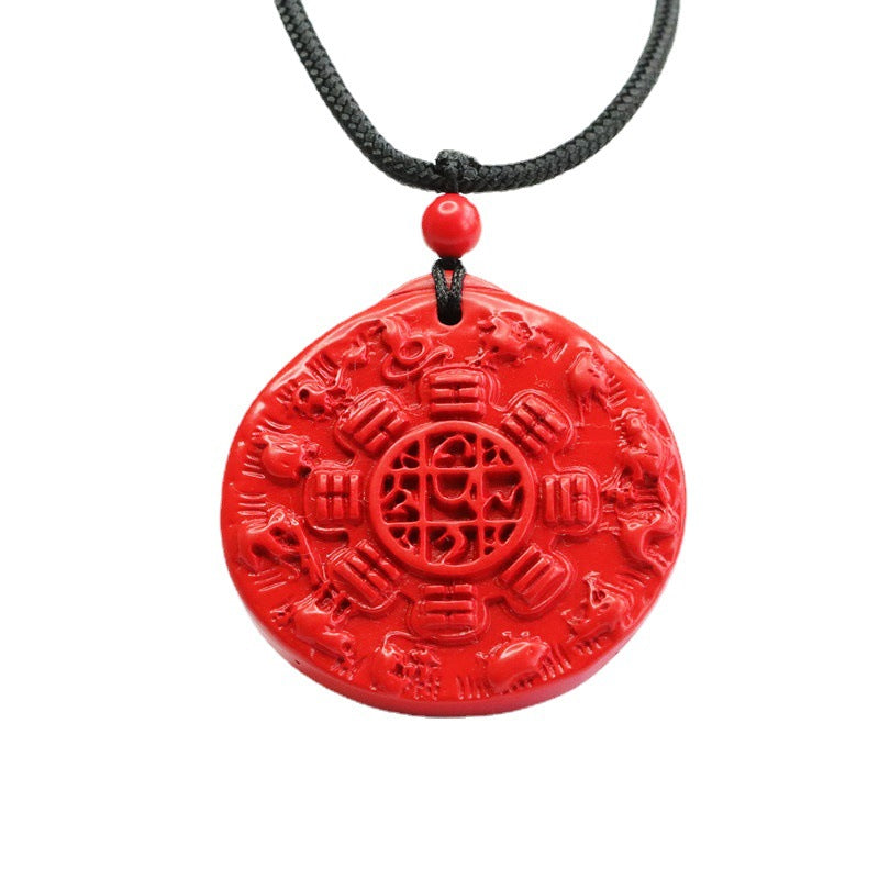 Red Sand Nine Palaces, Bagua, and Twelve Zodiac Sterling Silver Pendant with Cinnabar Stone