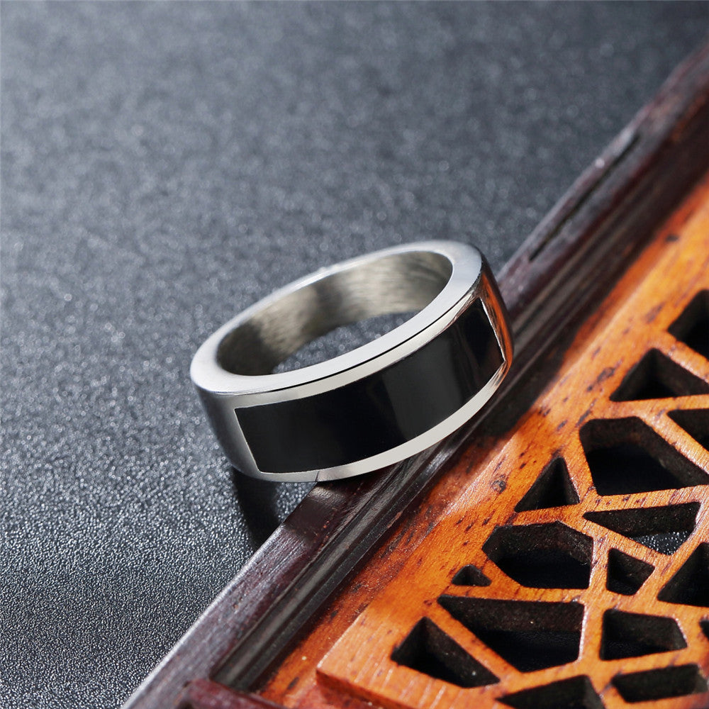 Everyday Genie Men's Titanium Steel Ring with Simple Black Drop Oil Design