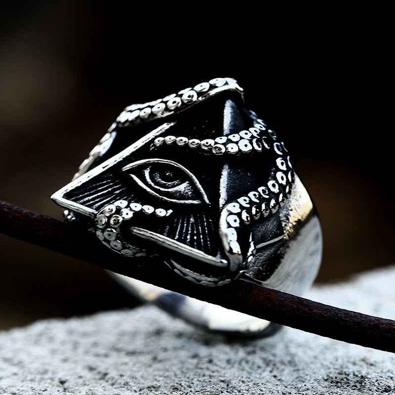 Titanium Steel Devil's Eye Octopus Ring for Men - Retro Triangle Design, Wholesale Available