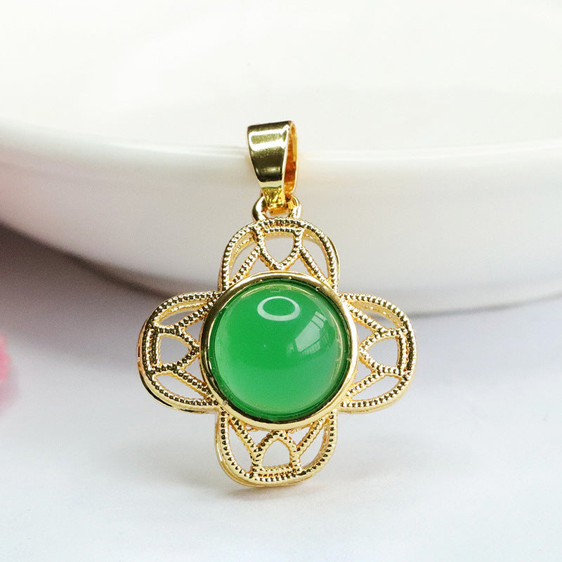 Green Chalcedony Floral Hollow Pendant with Sterling Silver Crown