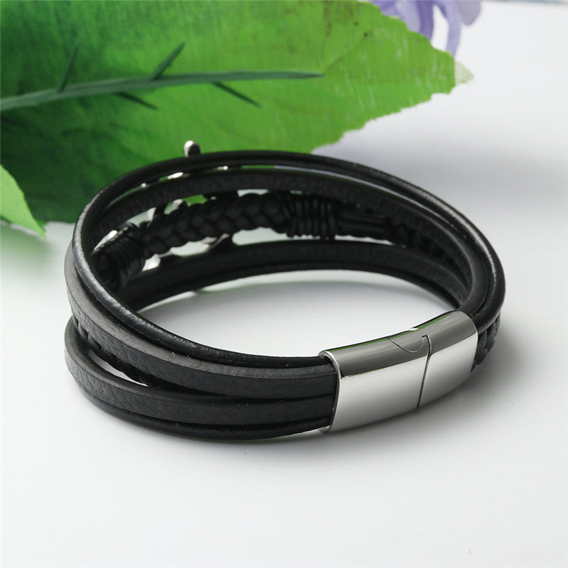 Titanium Steel and Leather Punk Hollow Rudder Bracelet for Men