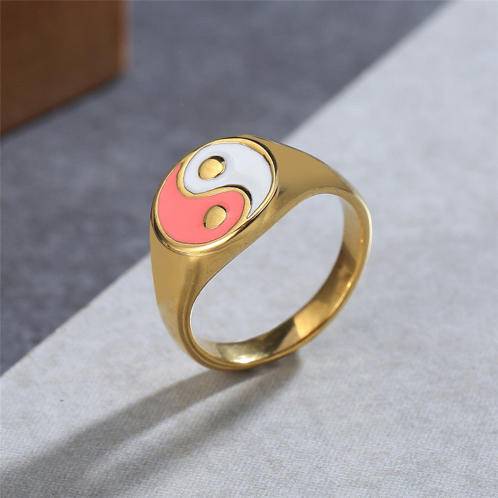 18K Gold-plated Tai Chi Bagua Yin and Yang Titanium Steel Ring for Women - Waterproof and Non-fading Jewelry