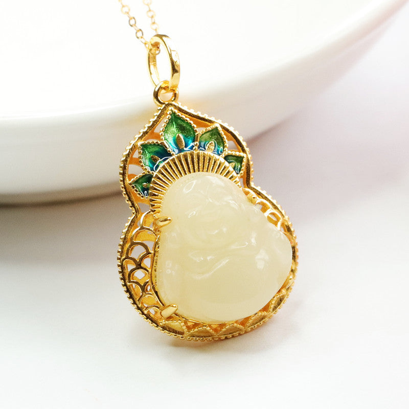 S925 Silver Natural Hotan Jade Pendant Buddha Hollow Necklace