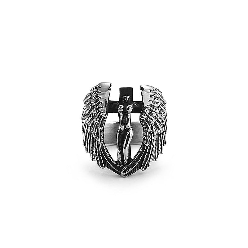 Stylish Titanium Steel Angel Cross Ring for Men - Trendy European and American Design