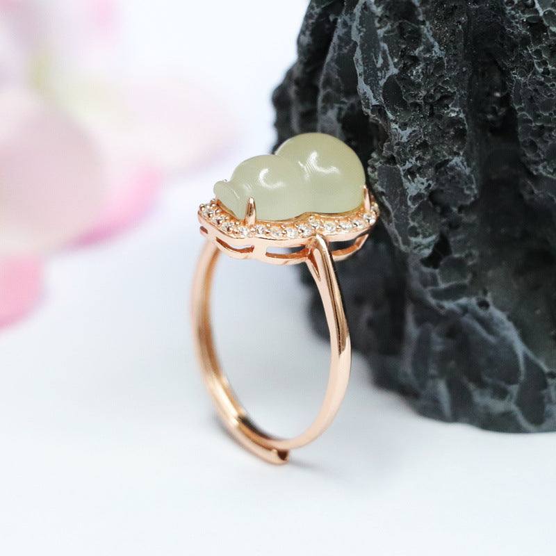 Sterling Silver Adjustable Gourd Ring with Natural Hetian Jade and Zircon