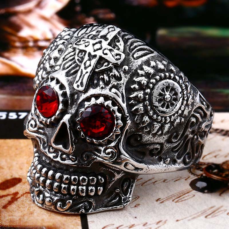 Vintage-Inspired Titanium Steel Skull Ring for Men with Zircon Cross Accent