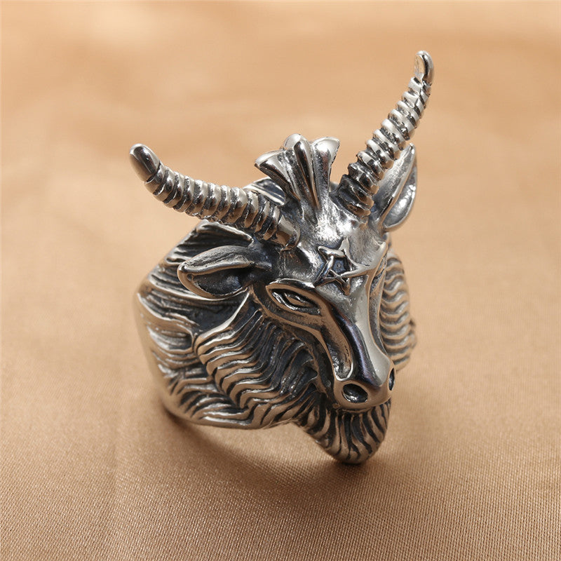 Men's Retro Titanium Steel Ram Ring - Unique Goat Design Jewelry