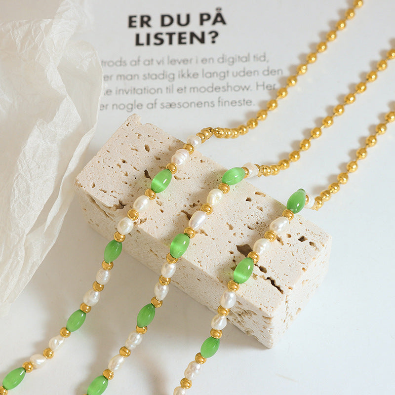 Green Opal and Pearl Beaded Necklace with Titanium Accents - Stylish Accessories for Girls