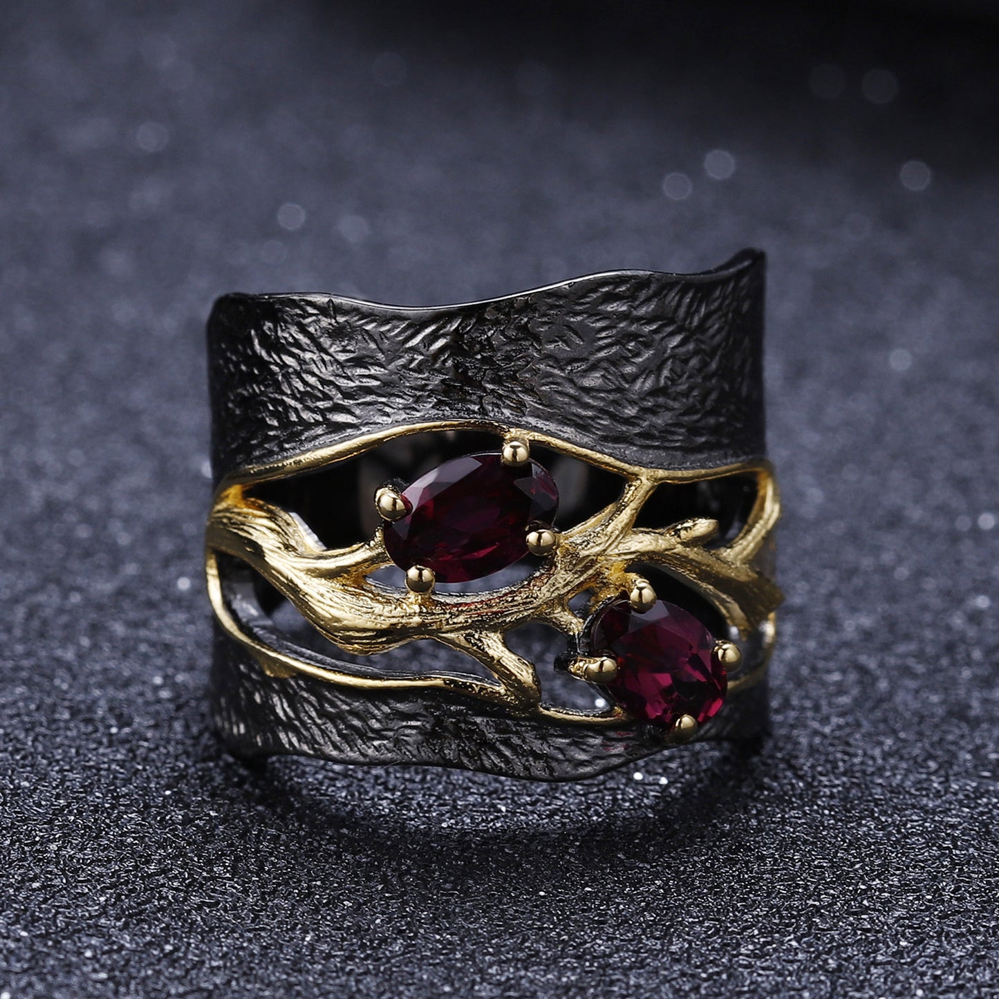 Splitting Hollow Branch Natural Gemstones Wide Silver Ring