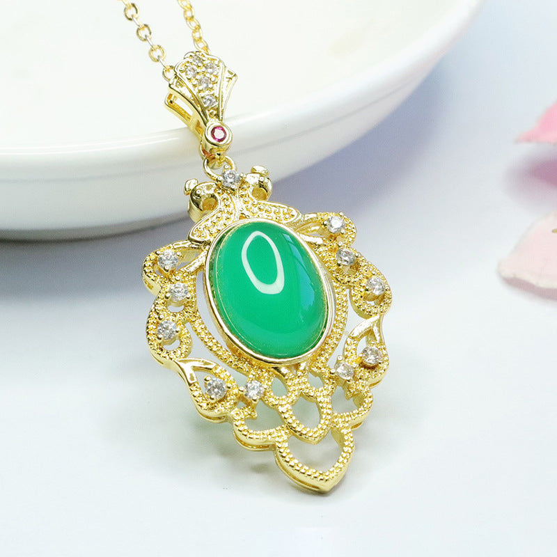 Green Chalcedony Leaf Pendant with Zircon Accent