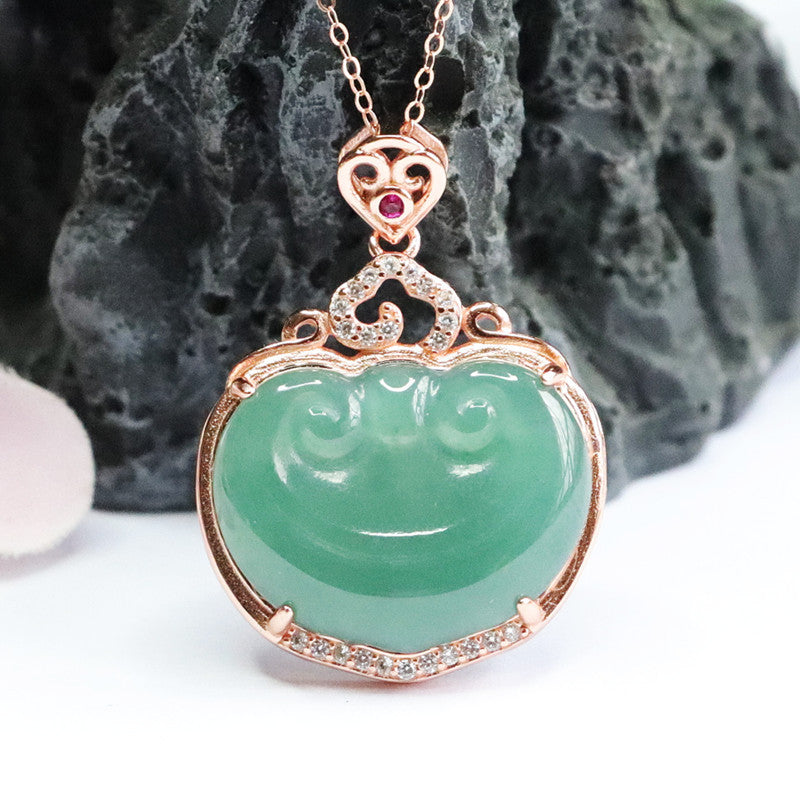 Ice Blue Green Ruyi Jadeite Pendant Necklace with Zircon on Silver Chain