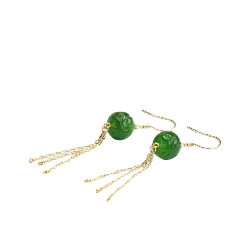 Auspicious Cloudscape Sterling Silver Jade Earrings with Green Tassel