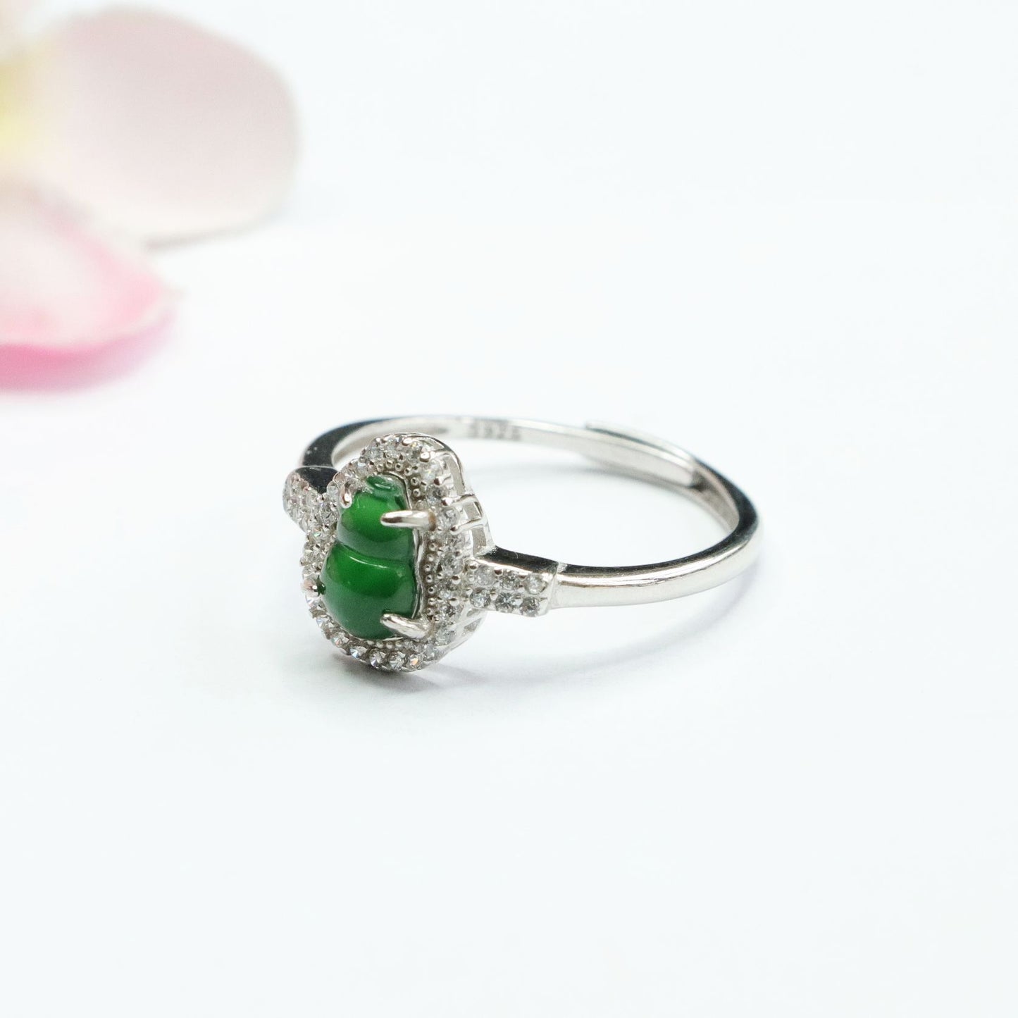 Sterling Silver Adjustable Imperial Green Jade Gourd Ring with Zircon Halo