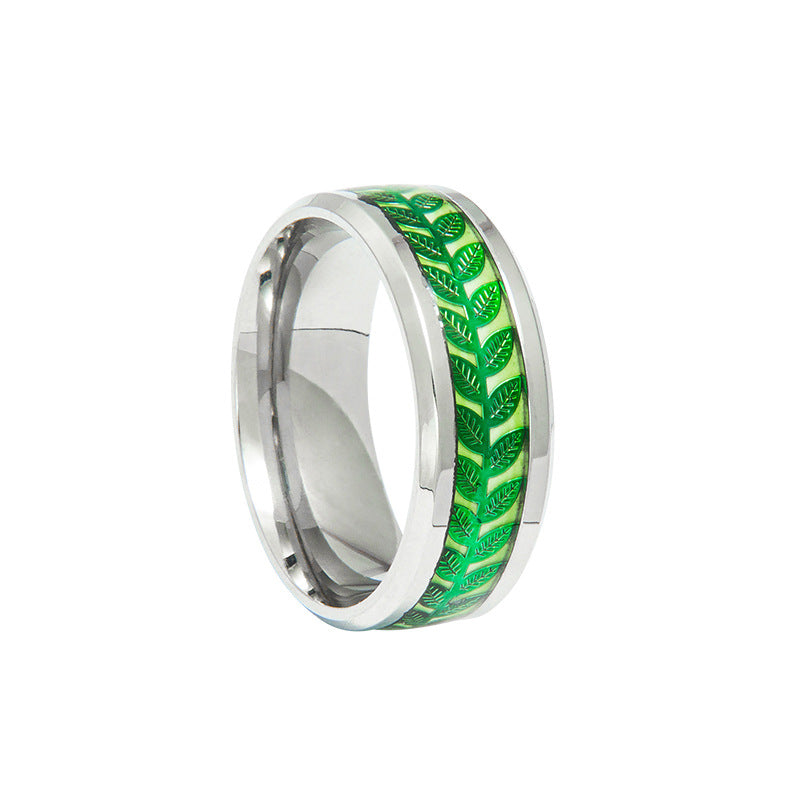 Luminous Olive Leaf Stainless Steel Bracelet and Ring Set for Men