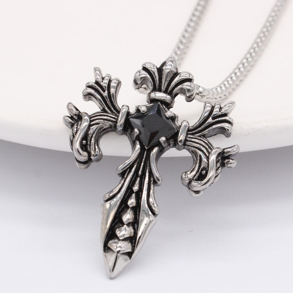 Cross Flower Sword Square Zircon Titanium Steel Necklace for Men