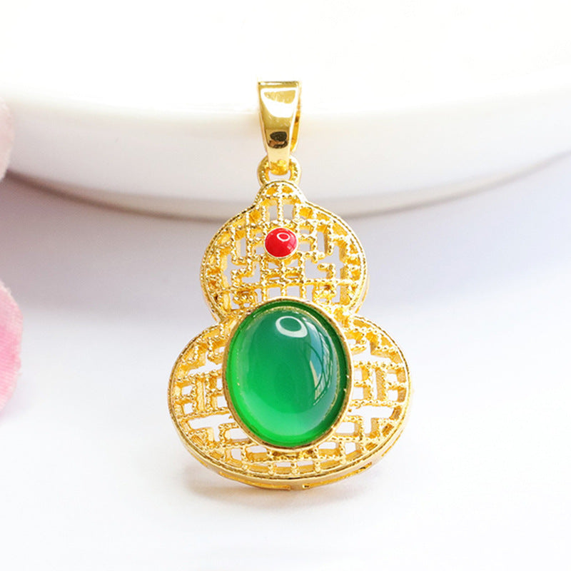 Natural Green Chalcedony Red Agate Hollow Gourd Golden Pendant Ethnic Style