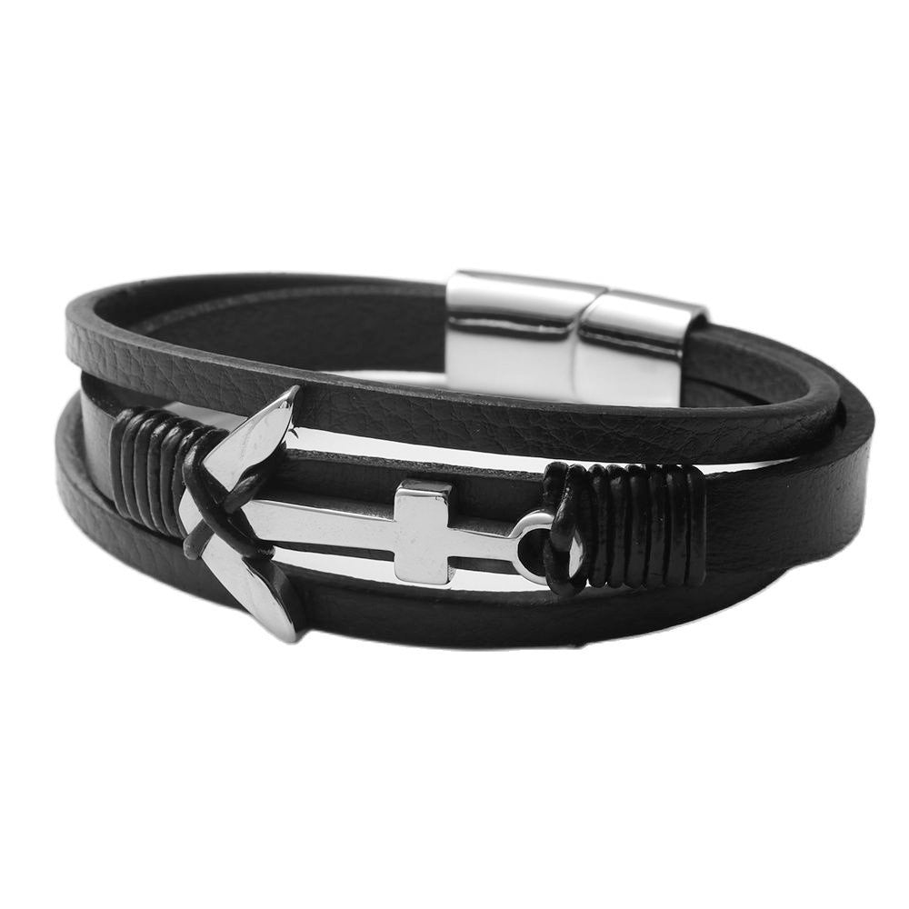 Men's Personalized Titanium Steel Hollow Cross Leather Bracelet - Stylish Punk Woven Hook Design