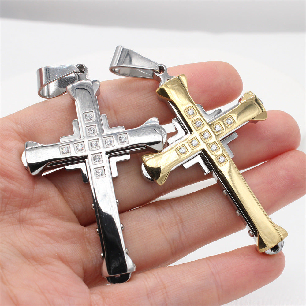 Double Layer Latin Cross Zircon Titanium Steel Pendant for Men