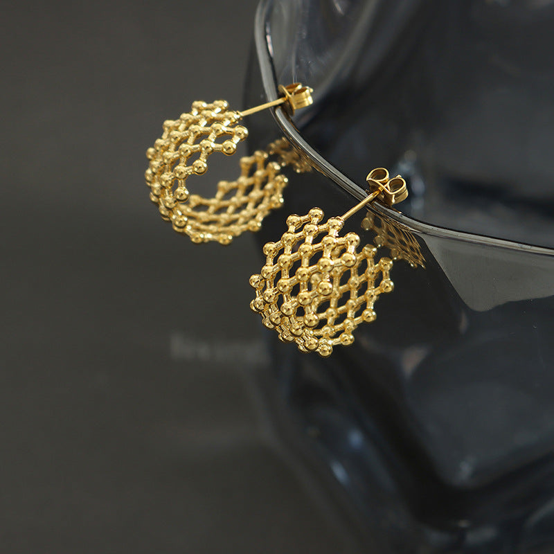 Elegant C-Shaped Gold Plated Grid Earrings with Small Titanium Beads