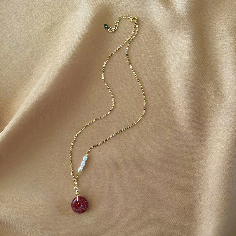 Strawberry Crystal Peace Necklace with Gold Plated Lock and Freshwater Pearl Splice