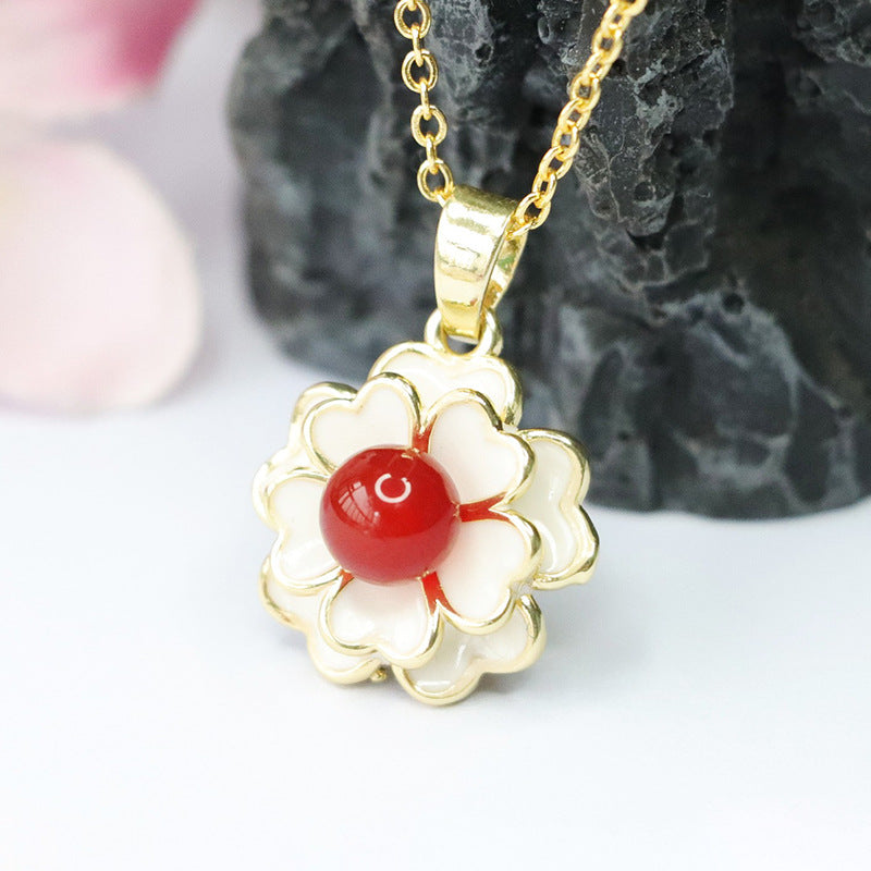 Blood Red Agate Camellia Pendant Necklace