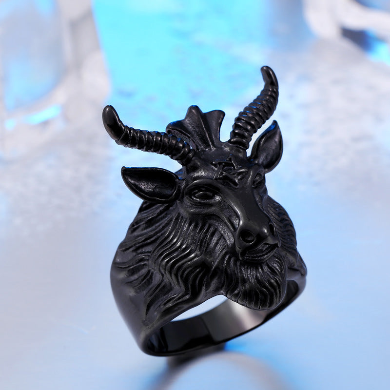 Retro European-American Stainless Steel Ram Skull Ring - Personalized Pentagram Titanium Steel Men's Band